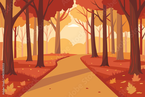 Autumn park landscape with colorful fall trees and a sunset sky illustration