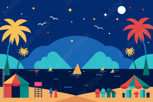 Tropical beach night sky vector illustration with stars and moon