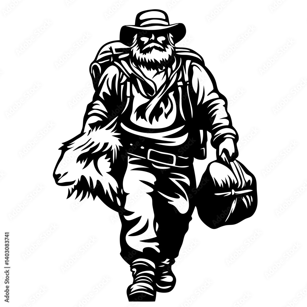 Fototapeta premium Adventure Hunter Carrying Bear Head and Backpack in Wilderness Landscape