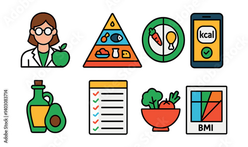 Set of nutrition icons: nutritionist, food pyramid, balanced plate, calorie app, oil, checklist, salad, BMI chart.