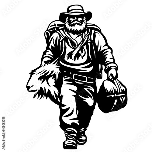 Adventure Hunter Carrying Bear Head and Backpack in Wilderness Landscape