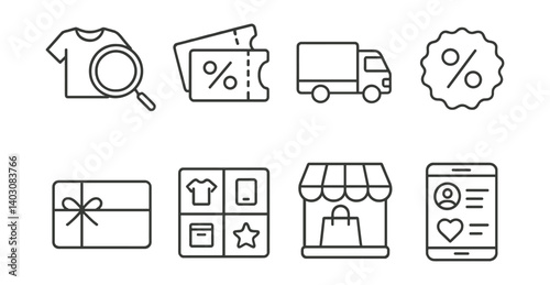 Set of icons: shirt with magnifying glass, percentage voucher, delivery truck, percentage badge, gift box, clothing selection, store, mobile shopping app.