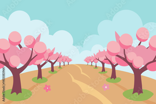 Spring tree in a park with pink flowers and heart-shaped leaves illustrating the season's blossom under a clear sky