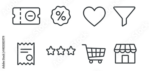 Set of icons: ticket, percentage, heart, funnel, receipt, stars, shopping cart, store.