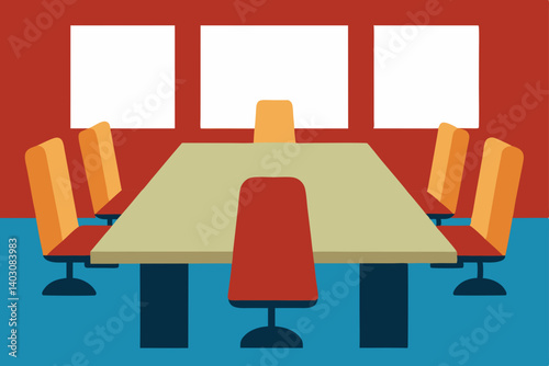 An illustration of a room's interior featuring a table and chairs, with a lamp, desk, and book for home decor