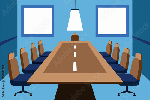 Empty conference room interior with modern furniture, a large table, and chairs, lit by an overhead lamp, showcasing a sleek business design
