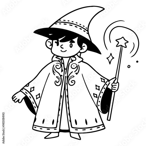 Charming Young Wizard Character in Elegant Robe and Magical Wand for Coloring Books and Crafts