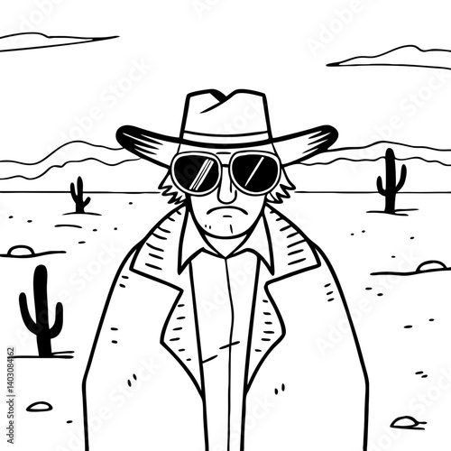 Cowboy in Sunglasses Standing in Desert Landscape with Cacti and Mountains