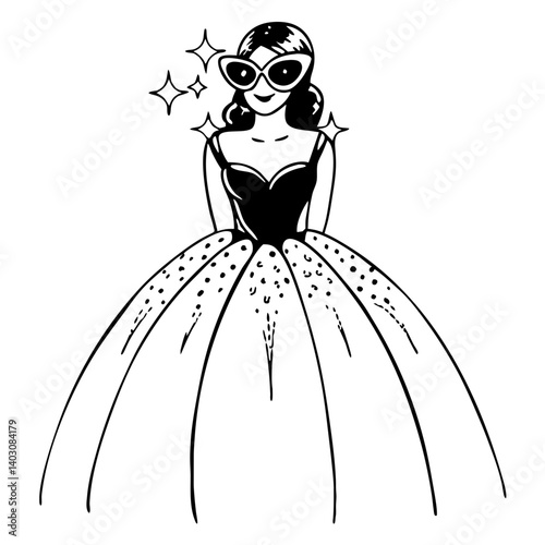 Elegant Fashion Model in Glamorous Dress with Sunglasses Sparkling Style Illustration