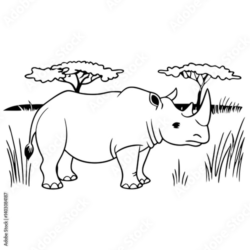 Rhino Walking in Savanna Landscape Outline for Coloring Books and Tattoo Designs