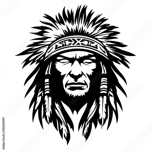 Bold Native American Chief Illustration Ideal for Tattoos and Graphic Design Projects