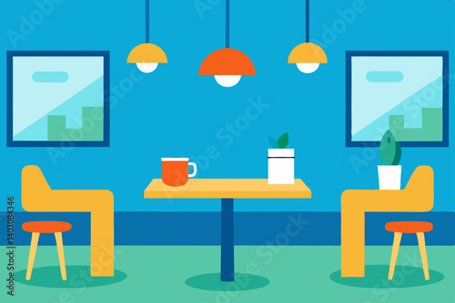 Modern vector cartoon interior design of an office cafe with chairs and a desk for business work