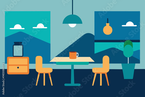 A cartoon vector illustration of a restaurant interior with tables, chairs, and people, perfect for business and home design concepts