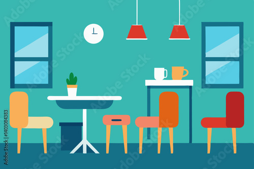Vector illustration of a modern kitchen interior with wooden dining furniture, chairs, and a table
