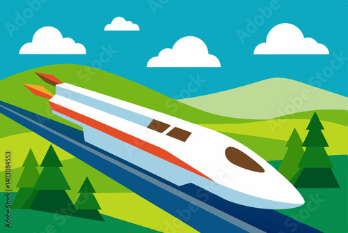 Vector cartoon illustration of a mountain village landscape with a ship and a boat on the water, beneath a summer sky