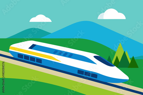 A vibrant cartoon landscape features a speedy train and a small boat traveling through green fields and water under a clear blue sky, with distant mountains