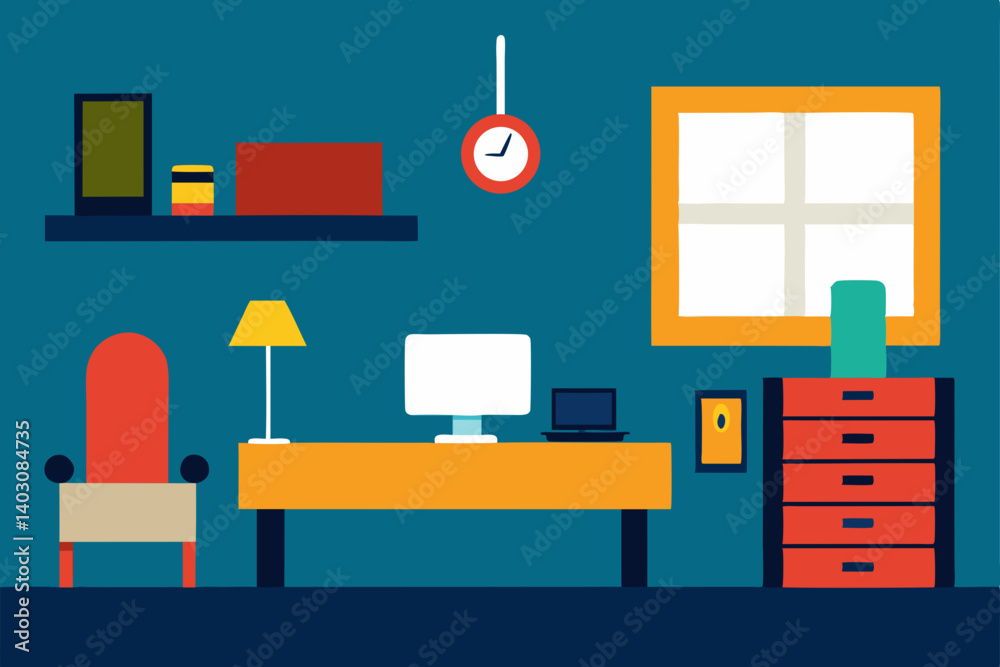 Flat design vector illustration of a modern living room interior with furniture and computer desk Flat design vector illustration of a modern living room interior with furniture and computer desk