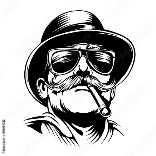 Vintage Gentleman with Cigar and Sunglasses Stylish Hat Retro Illustration