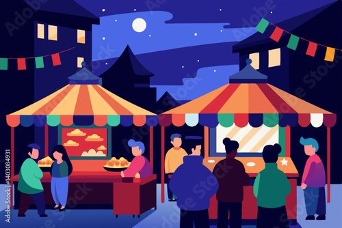 Night city carnival fun with people under blue sky protection