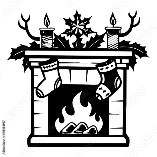 Cozy Fireplace with Christmas Stockings and Candles Decorative Vector Design