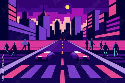 An urban cityscape illustration showcases modern business buildings and skyscrapers under a night sky, reflecting a bustling street scene with design elements and human silhouettes
