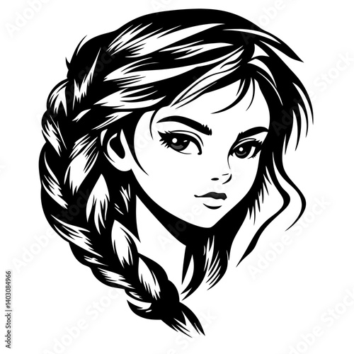 Stylized Young Woman with Braided Hair Elegant Expression Vector Art for Tattoo and Coloring