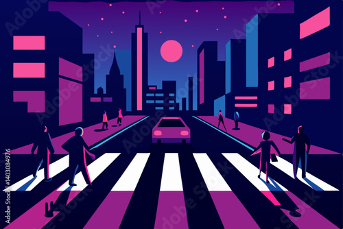 Urban night skyline with illuminated city streets and modern architecture