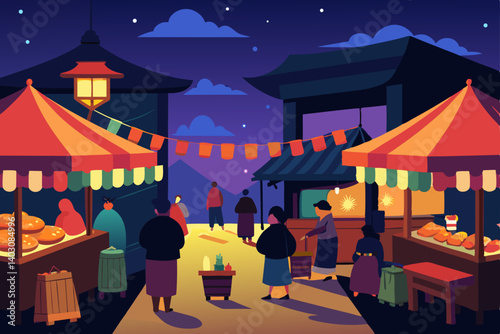 Chinese New Year celebration in a vibrant city street with festive lights and people enjoying the night