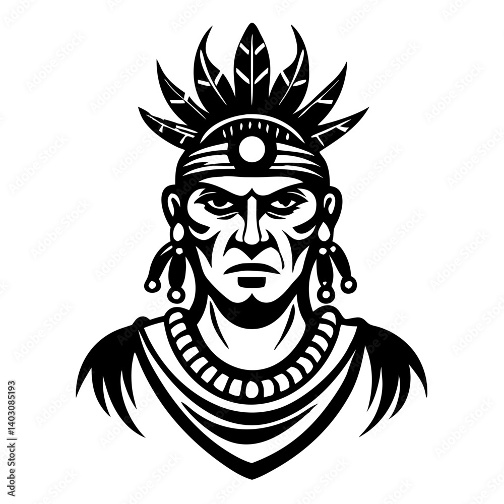 Obraz premium Majestic Indian Warrior Portrait with Feathered Headdress for Creative Projects and Tattoos