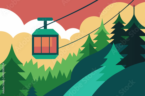 A charming cartoon vector illustration of a country village home with a festive christmas door, nestled among winter trees and a sky of white snow