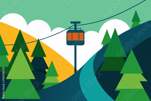 Summer travel cartoon highway to the green city with mountains and a sunny sky