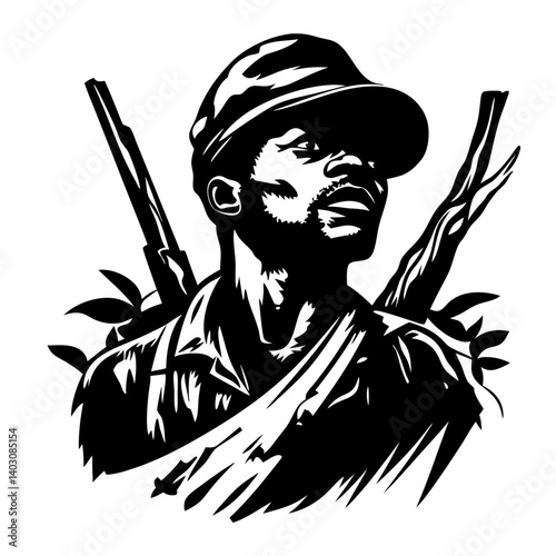 Bold Warrior Silhouette with Guns and Leaves for Tattoo Designs and Graphic Artwork
