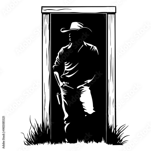 Cowboy Silhouette Standing at Dark Doorway with Grass Background for Rustic Art Projects