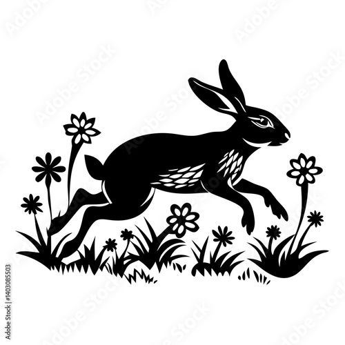 Leaping Rabbit Silhouette Among Wildflowers Perfect for Nature Inspired Decor