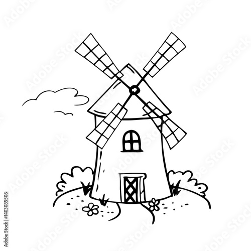Charming Hand-Drawn Windmill Surrounded by Flowers and Grass Ideal for Coloring and Tattoos