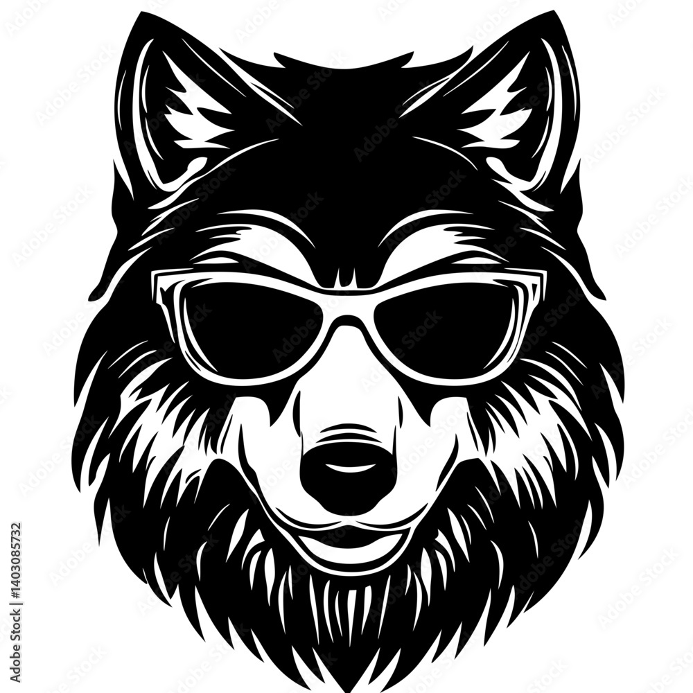 Obraz premium Stylish Wolf Head Vector Graphic with Sunglasses Ideal for Tattoo Design and Merchandise