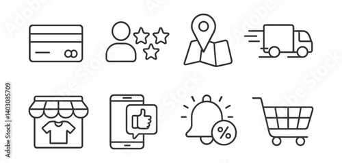 Set of icons: credit card, user with stars, map with location pin, delivery truck, store with a shirt, smartphone with thumbs up, bell with percentage, shopping cart.