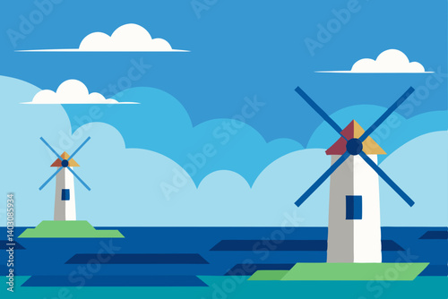 Wind turbines and old windmills generate green energy in a blue sky landscape