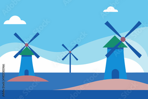 Wind turbines generate green renewable electricity against a blue sky