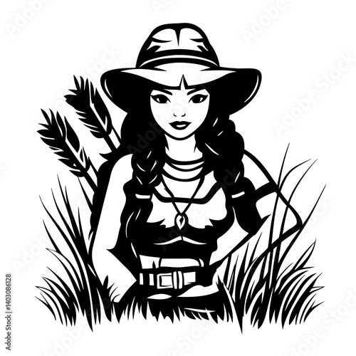 Adventurous Woman in Hat Surrounded by High Grass and Arrows Ideal for Tattoo Designs or Art Projects