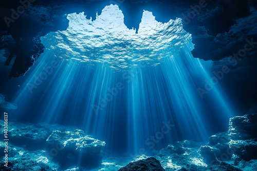 Underwater cave light rays blue ocean