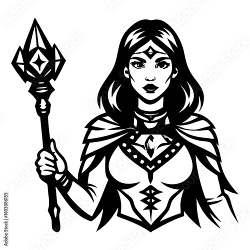 Powerful Fantasy Sorceress with Staff and Regal Armor Design for Tattoo or Coloring Book