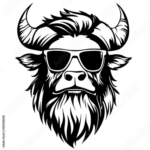 Cool Bull Head with Sunglasses Detailed Vector Design for T-Shirt and Tattoo Projects