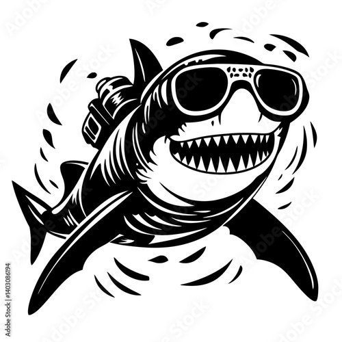 Playful Shark Wearing Sunglasses and Scuba Gear for Creative Designs and Tattoo Inspiration