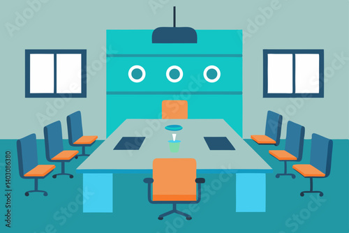 Modern living room interior vector illustration with computer, desk, and laptop icons for home office design