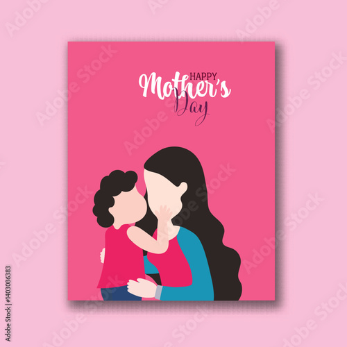 Happy Mother's Day Card with Cartoon Mother Love her Child Illustration.