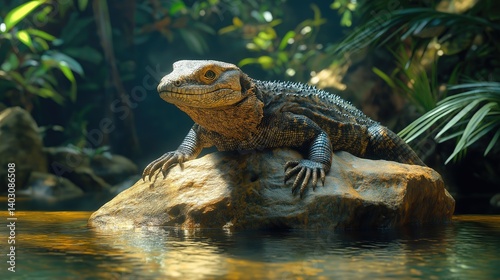 Lizard on rock in jungle setting