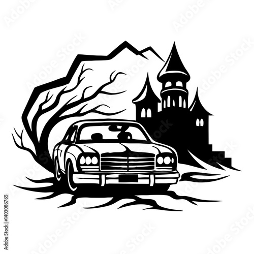 Classic Car in Front of Spooky Castle with Gnarled Tree Silhouette for Eerie Decoration