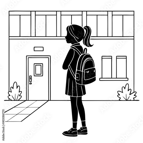 School Girl Silhouette with Backpack Standing in Front of Educational Building