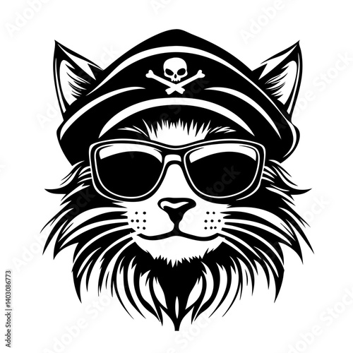 Cool Pirate Cat with Sunglasses and Captain Hat Illustration for Creative Designs